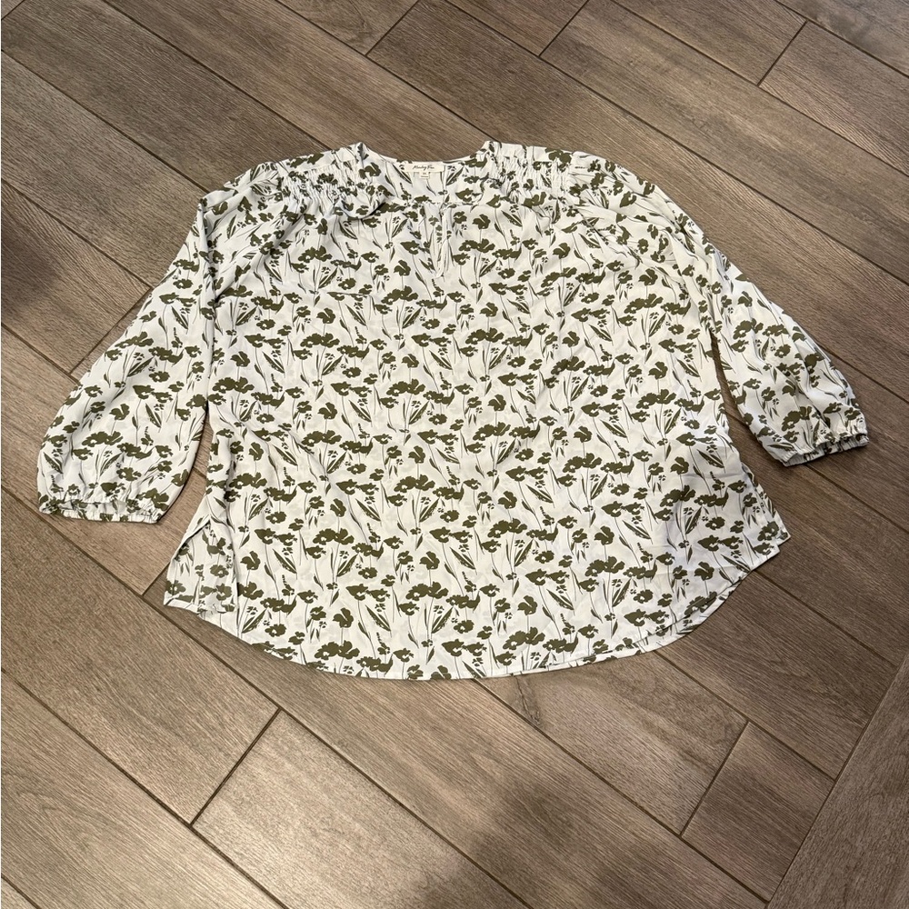 Women’s White Floral Blouse with Olive Green Print